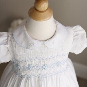 White Smocked Dress Blue Bullion Rosebuds Feltman Brothers Carriage Boutique